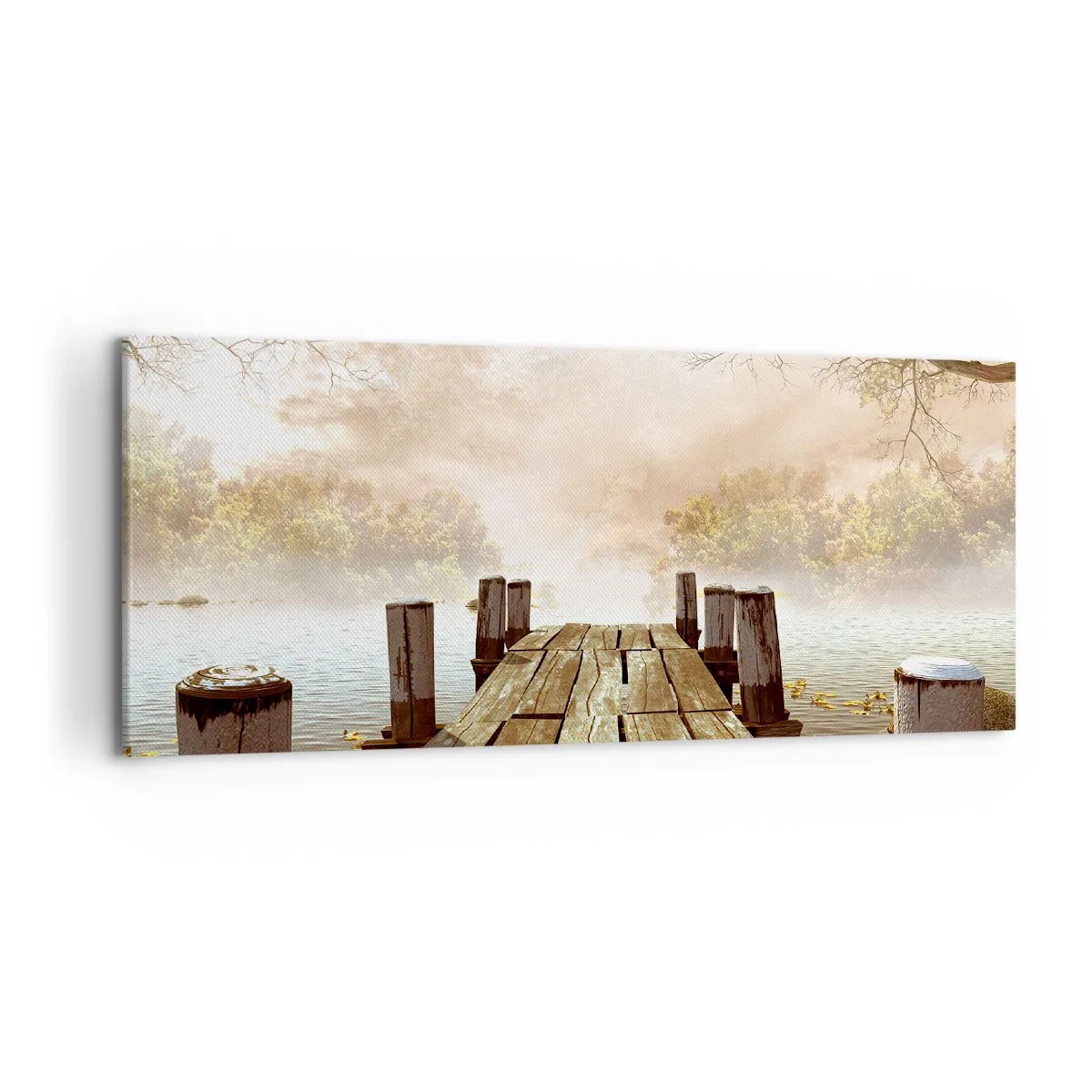 Cuadro sobre lienzo - Impresión de Imagen - Un muelle de madera que conduce a un lago tranquilo en la niebla de la mañana. - 120x50cm - La leve tristeza del otoño - Decoración de pared moderna para salón y dormitorio ARTTOR