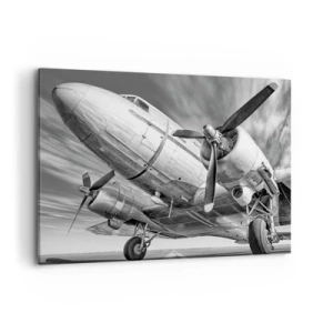 Cuadro sobre lienzo - Impresión de Imagen - Una imagen en blanco y negro de un avión clásico con detalles estructurales visibles. - 100x70cm - Siempre listo para volar - Decoración de pared moderna para salón y dormitorio ARTTOR