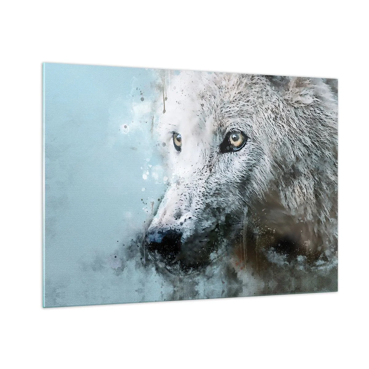 Cuadro sobre vidrio - Impresiones sobre Vidrio - Retrato de lobo con acentos artísticos y difuminados en tonos azules. - 100x70cm - Conoce el alma del lobo - Decoración de pared moderna para salón y dormitorio ARTTOR