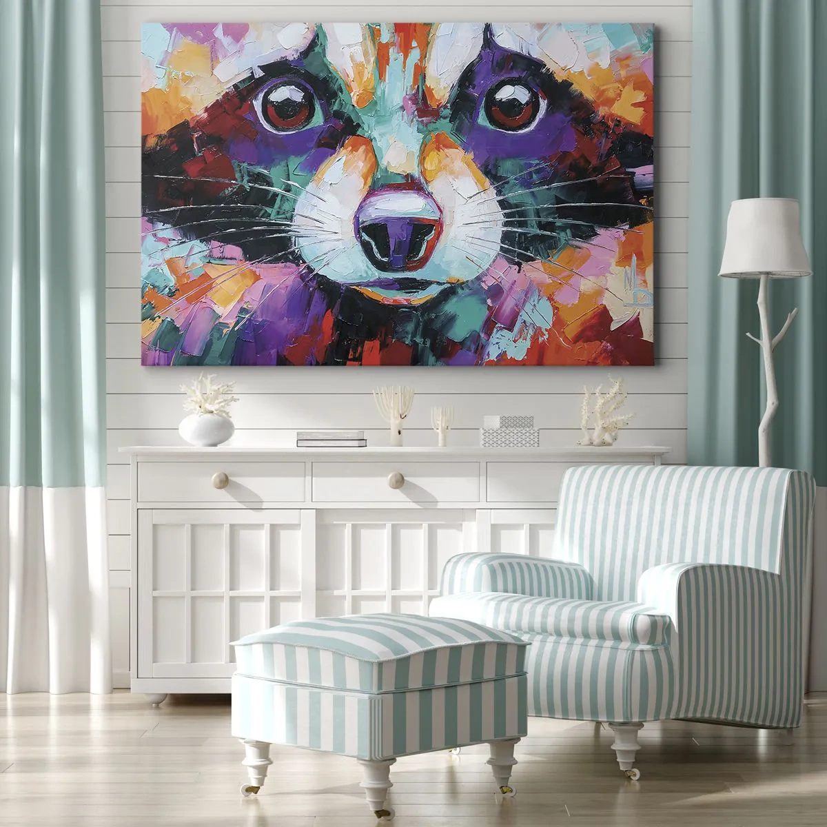 Cuadro sobre lienzo - Impresión de Imagen - Un retrato colorido de un mapache en el estilo de pintura expresiva. - 120x80cm - Solo buenas emociones - Decoración de pared moderna para salón y dormitorio ARTTOR