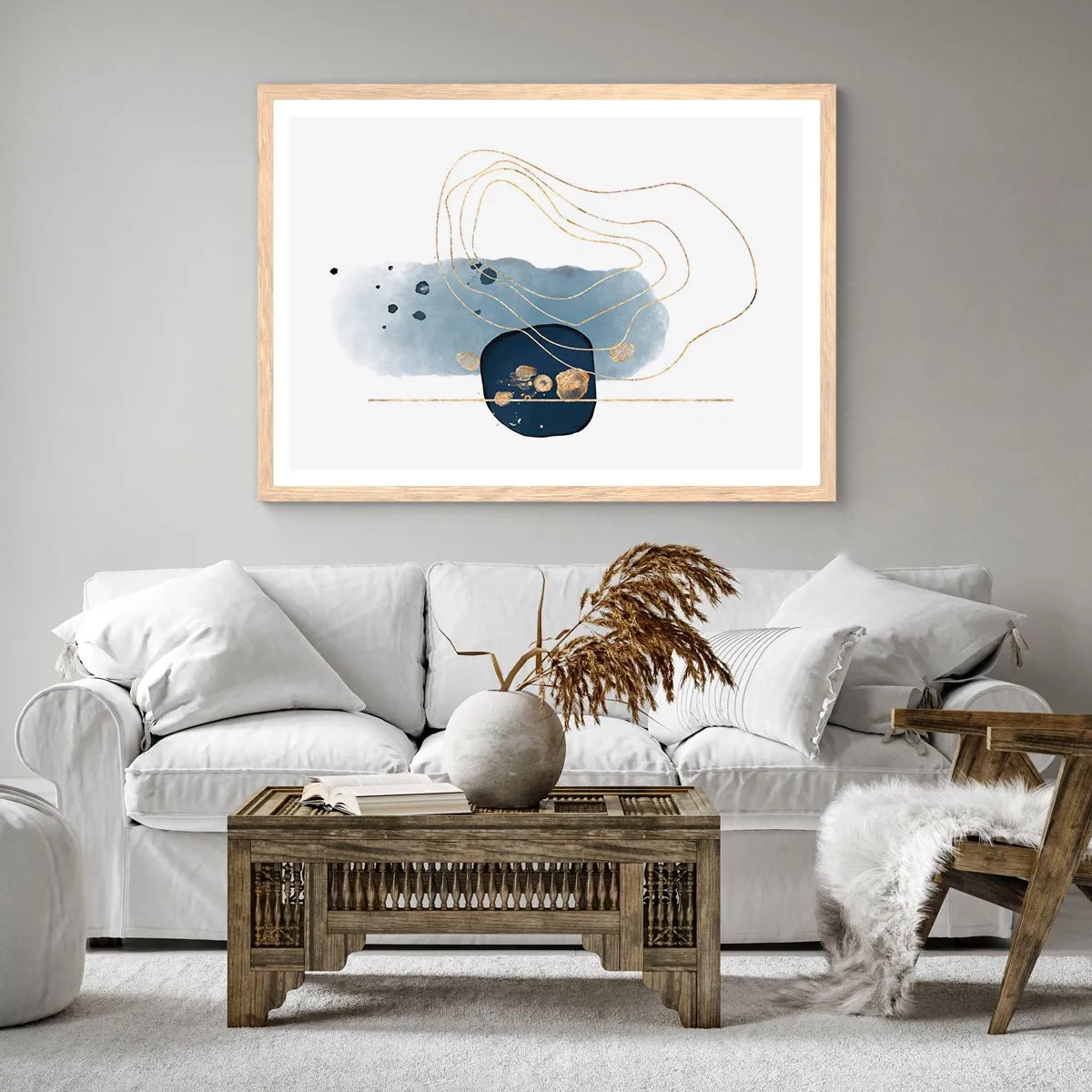 Póster en marco roble claro - Fantasía azul y oro - 50x40 cm