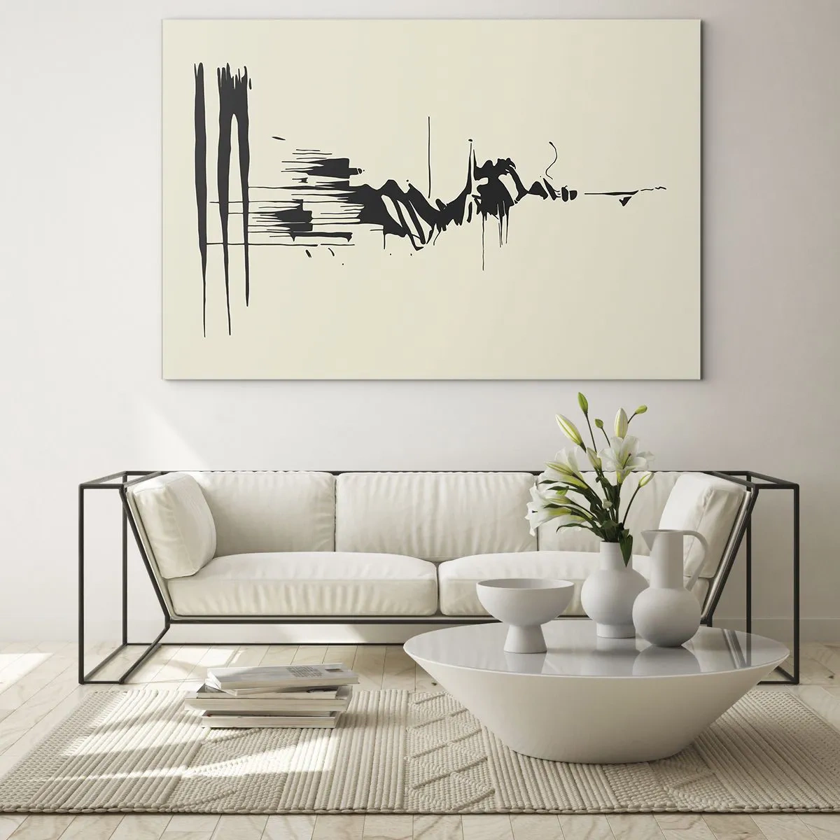 Cuadro sobre vidrio - Impresiones sobre Vidrio - Líneas y manchas negras dinámicas sobre un fondo claro en un estilo abstracto. - 70x50cm - Abstracción apresurada - Decoración de pared moderna para salón y dormitorio ARTTOR