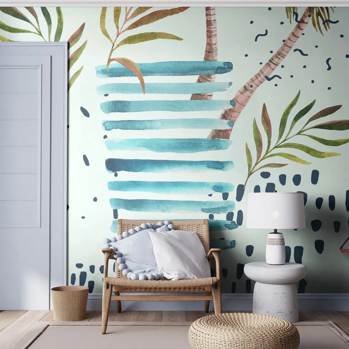 Fotomural Premium Sand - Composición tropical abstracta en estilo acuarela - 100x70cm - Vacaciones bajo las palmeras - Decoración de pared moderna para salón y dormitorio ARTTOR