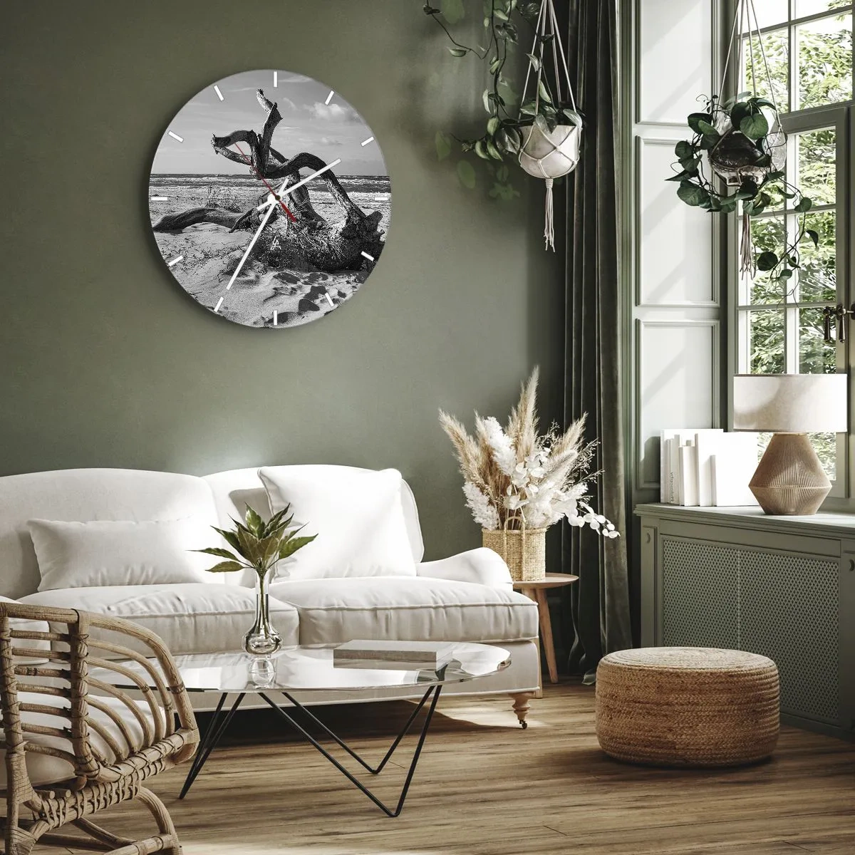 Reloj de pared - Reloj de vidrio - Un paisaje en blanco y negro con una rama caída en una playa de arena. - 30x30cm - Escultura marina - Decoración de pared moderna para salón, cocina y dormitorio ARTTOR