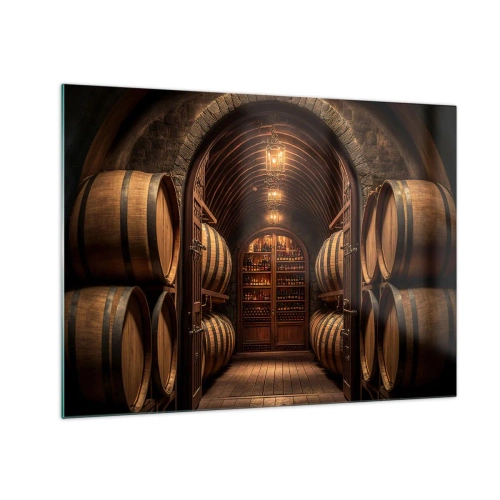 Cuadro sobre vidrio - Impresiones sobre Vidrio - Un viñedo con barricas y una bodega iluminada llena de botellas. - 70x50cm - Sótano atmosférico - Decoración de pared moderna para salón y dormitorio ARTTOR