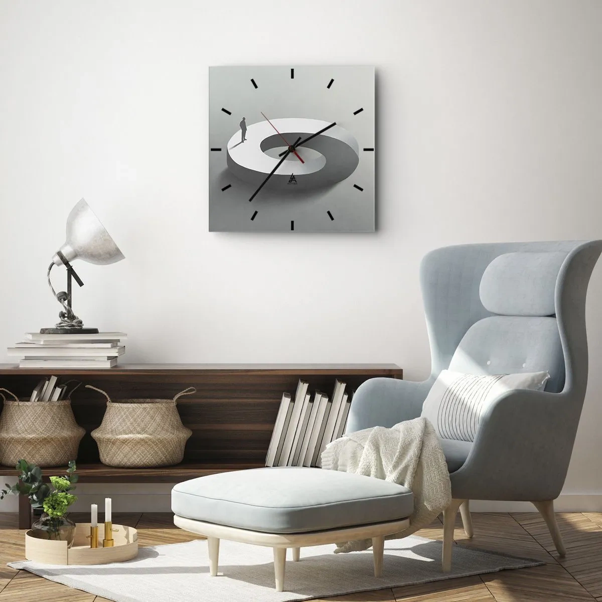 Reloj de pared - Reloj de vidrio - Un hombre sobre una estructura gris y abstracta. - 30x30cm - Ser sabio no es una labor sencilla - Decoración de pared moderna para salón y dormitorio ARTTOR