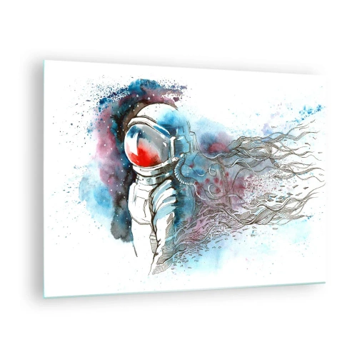 Cuadro sobre vidrio - Impresiones sobre Vidrio - Astronauta en un dinámico entorno espacial de acuarela - 70x50cm - A solas con el cosmos - Decoración de pared moderna para salón y dormitorio ARTTOR