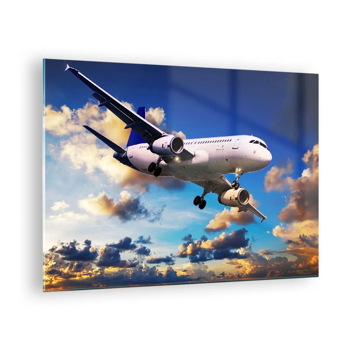 Cuadro sobre vidrio - Impresiones sobre Vidrio - Un avión en vuelo contra un cielo pintoresco. - 70x50cm - Un viaje en blanco y azul - Decoración de pared moderna para salón y dormitorio ARTTOR