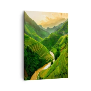 Cuadro sobre lienzo - Impresión de Imagen - Pintorescas terrazas de arroz en un valle verde iluminado por el sol poniente - 50x70cm - Valle vietnamita - Decoración de pared moderna para salón y dormitorio ARTTOR