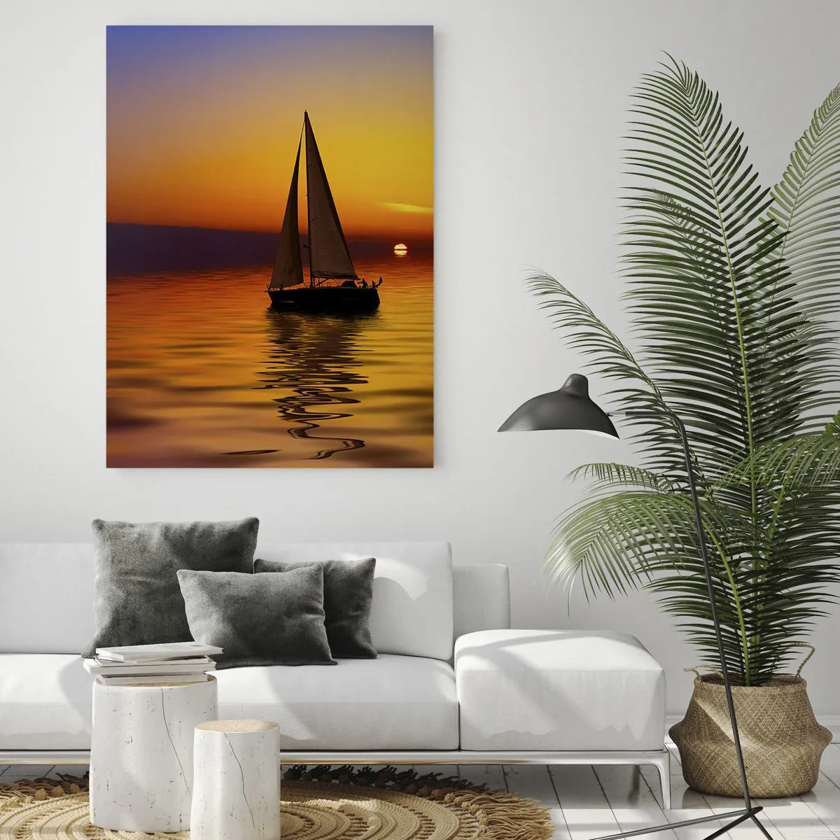 Cuadro sobre vidrio - Impresiones sobre Vidrio - Un velero en el agua al atardecer. - 50x70cm - Qué tranquilo el anochecer… - Decoración de pared moderna para salón y dormitorio ARTTOR