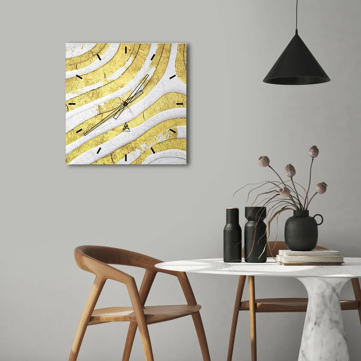 Reloj de pared - Reloj de vidrio - Una composición en blanco y oro - 30x30 cm