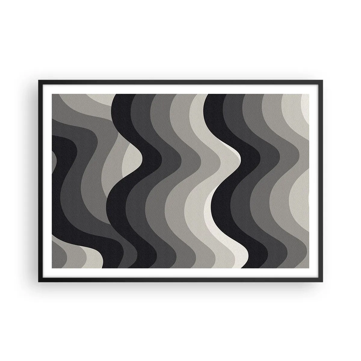 Póster en marco negro - Patrones ondulados en blanco y negro en tonos de gris. - 100x70cm - Ola tras ola - Decoración de pared moderna para salón y dormitorio ARTTOR