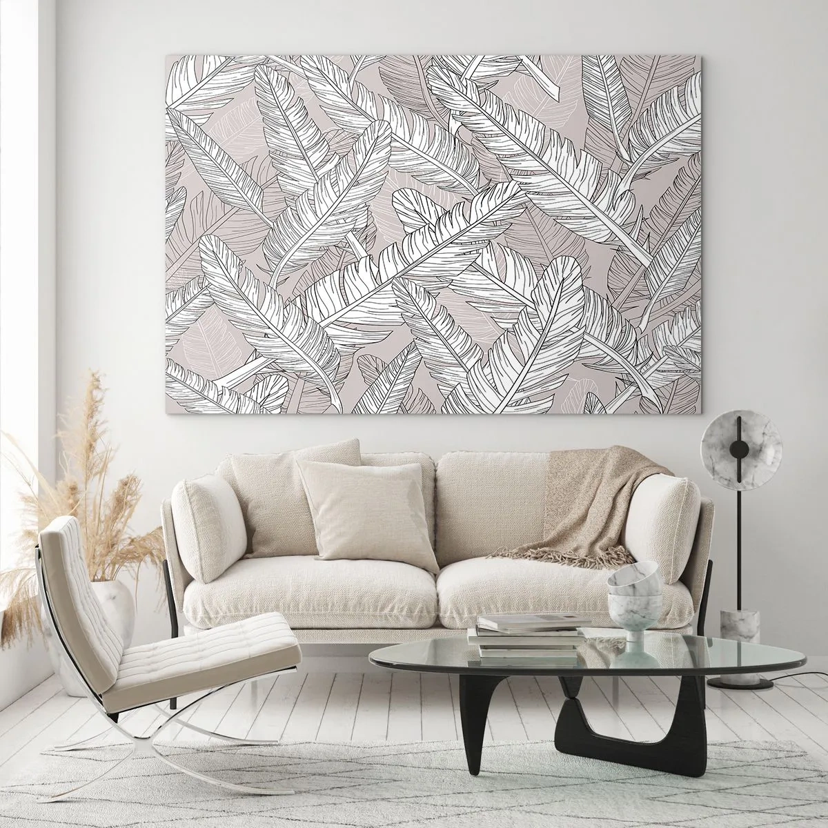 Cuadro sobre vidrio - Impresiones sobre Vidrio - Hojas en blanco y negro sobre un fondo beige en un estilo gráfico. - 100x70cm - Turbulencias de plumas - Decoración de pared moderna para salón y dormitorio ARTTOR