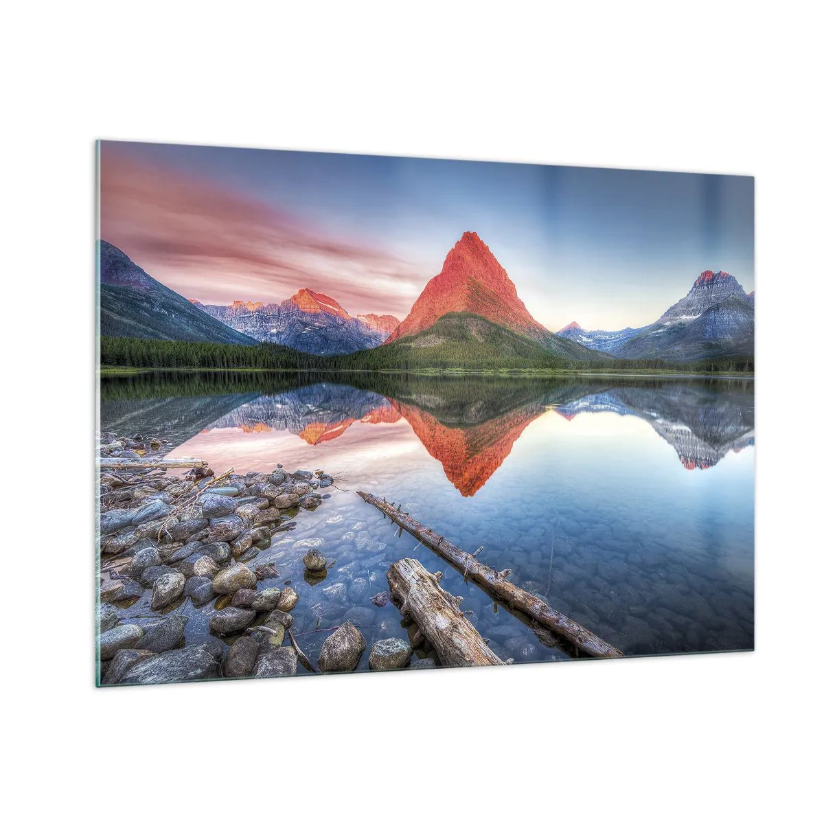 Cuadro sobre vidrio - Impresiones sobre Vidrio - Un pico de montaña reflejado en un lago tranquilo. - 100x70cm - Cálido y frío - Decoración de pared moderna para salón y dormitorio ARTTOR