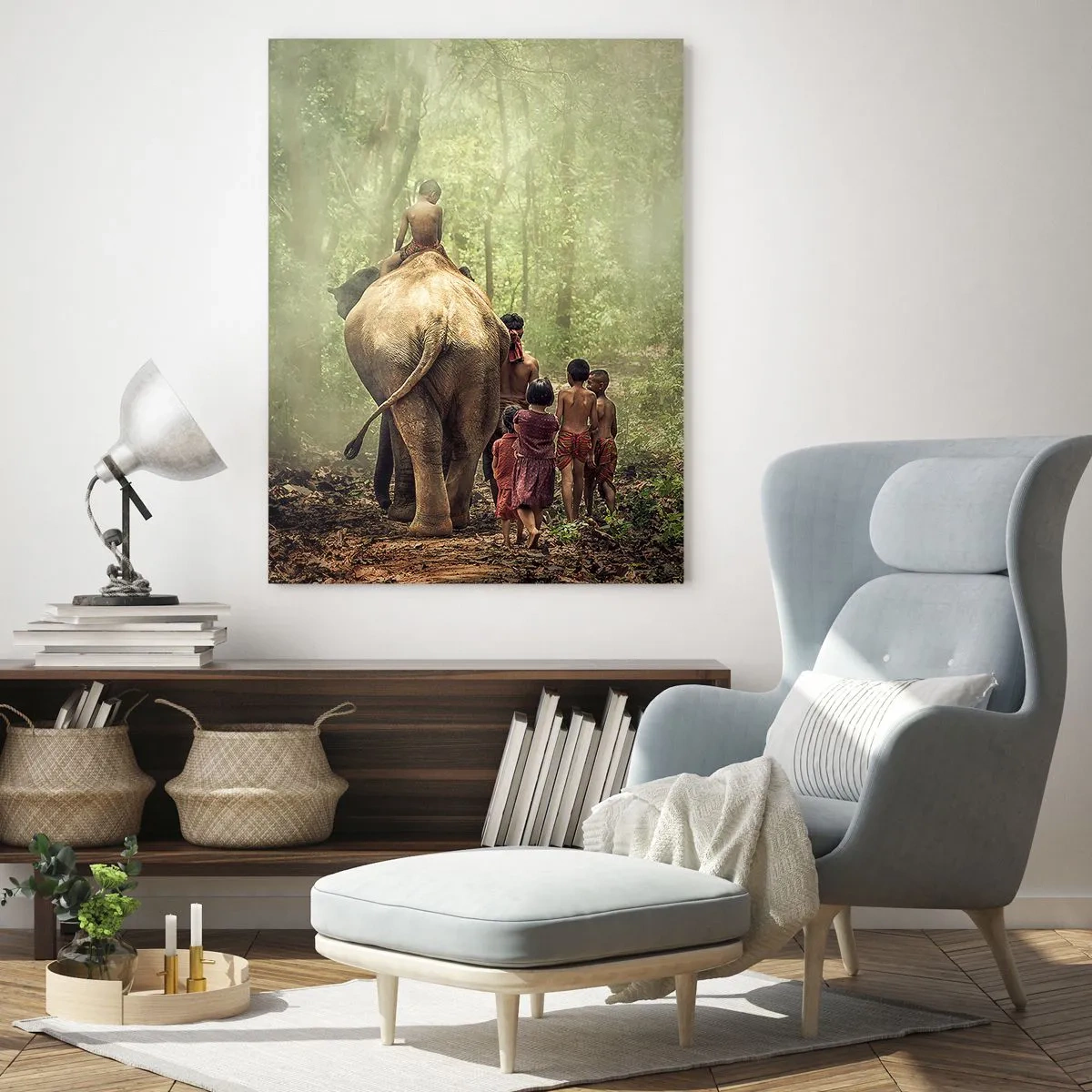 Cuadro sobre vidrio - Impresiones sobre Vidrio - Niños con un elefante en un bosque verde a la luz de la mañana. - 70x100cm - El nuevo libro de la selva - Decoración de pared moderna para salón y dormitorio ARTTOR