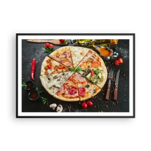 Póster en marco negro - Pizza en varios sabores con fondo de ingredientes. - 100x70cm - Una gama de gustos - Decoración de pared moderna para salón y dormitorio ARTTOR