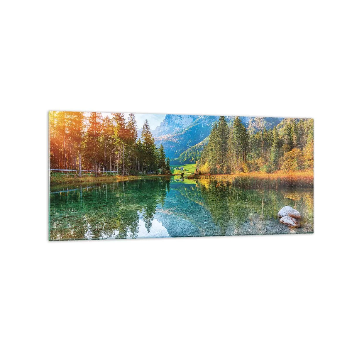 Cuadro sobre vidrio - Impresiones sobre Vidrio - Un pintoresco lago rodeado de montañas y bosques. - 120x50cm - La dulzura del otoño - Decoración de pared moderna para salón y dormitorio ARTTOR