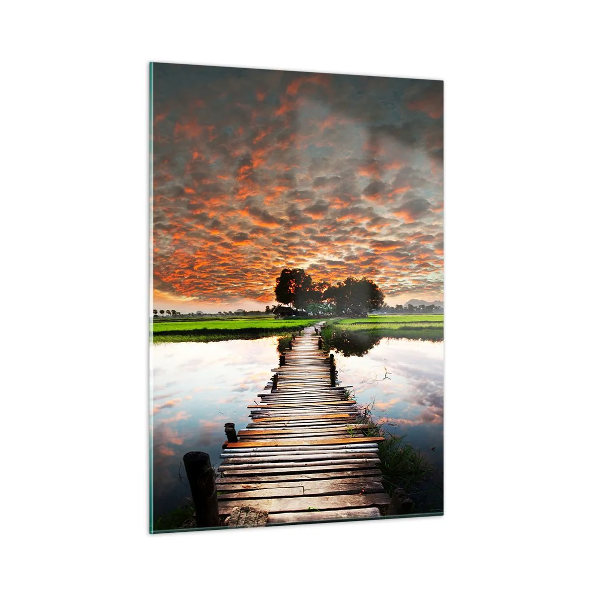 Cuadro sobre vidrio - Impresiones sobre Vidrio - Puente de madera sobre el río al atardecer - 50x70cm - Extiende tus brazos - respira  - Decoración de pared moderna para salón y dormitorio ARTTOR