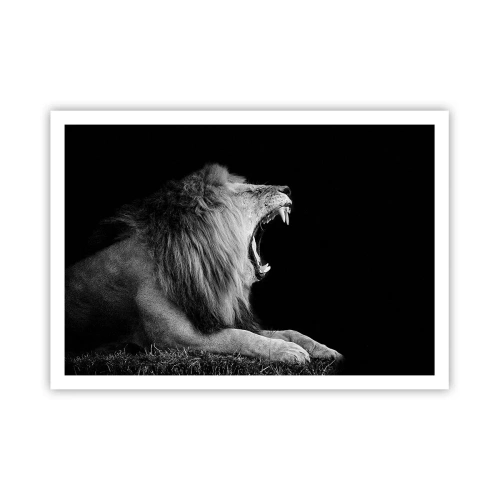 Póster - Un león rugiente sobre un fondo negro en tonos blanco y negro. - 100x70cm - Sin duda alguna - Decoración de pared moderna para salón y dormitorio ARTTOR