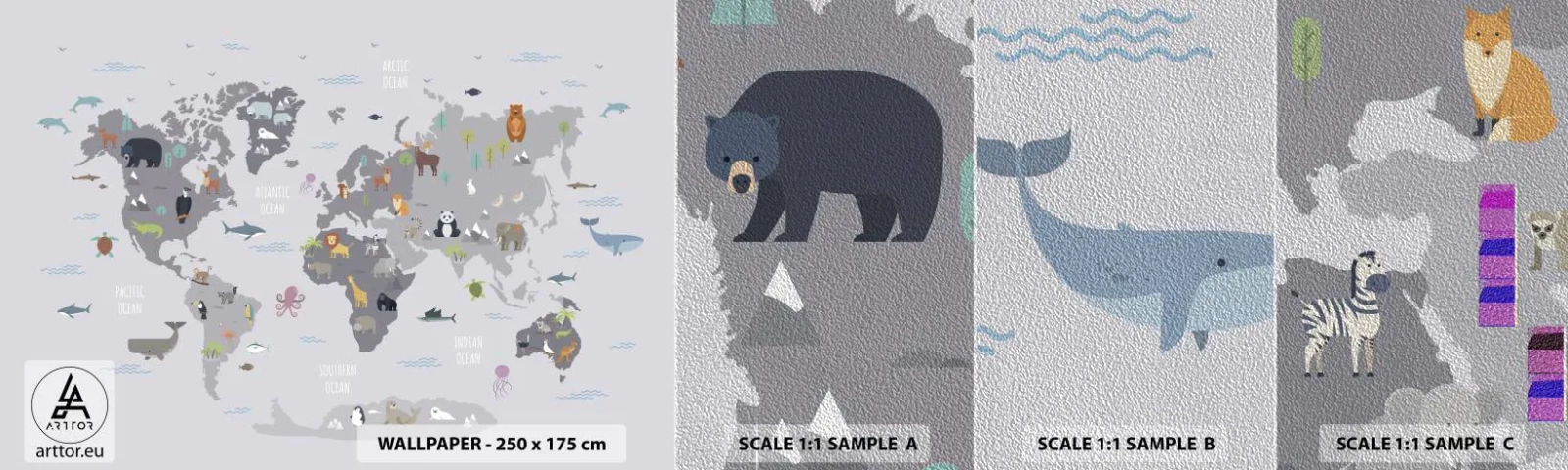 Muestra de fotomural Premium Sand - Dime de dónde eres... - Mapa del mundo, animales, Continentes - 100x30 cm