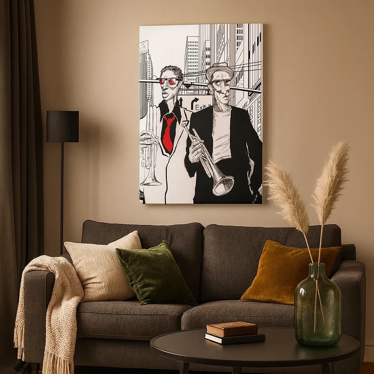 Cuadro sobre lienzo - Impresión de Imagen - Ilustración de músicos de jazz con un fondo urbano - 50x70cm - Rapsodia urbana en negro y rojo - Decoración de pared moderna para salón y dormitorio ARTTOR