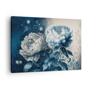 Cuadro sobre lienzo - Impresión de Imagen - Peonías azules sobre un fondo sutil con un patrón delicado. - 70x50cm - Una pareja unida - Decoración de pared moderna para salón y dormitorio ARTTOR