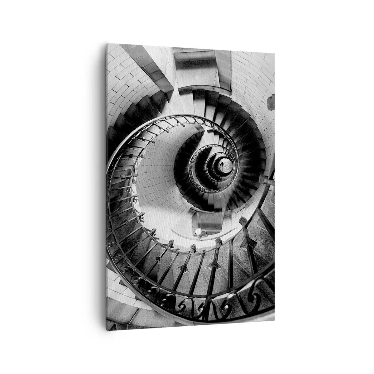 Cuadro sobre lienzo - Impresión de Imagen - Fotografía en blanco y negro de una escalera de caracol con perspectiva de arriba hacia abajo. - 80x120cm - Cada vez más alto - Decoración de pared moderna para salón y dormitorio ARTTOR