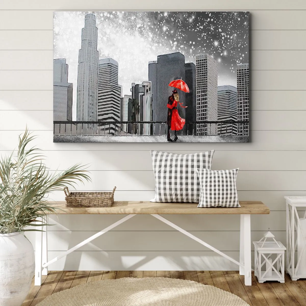 Cuadro sobre lienzo - Impresión de Imagen - Una pareja vestida de rojo con un paraguas frente a un paisaje urbano. - 70x50cm - Amor en la jungla urbana - Decoración de pared moderna para salón y dormitorio ARTTOR