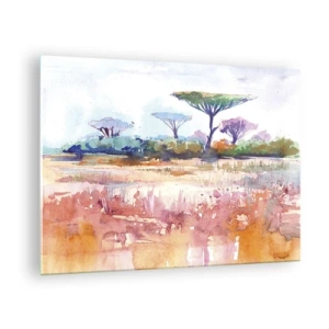 Cuadro sobre vidrio - Impresiones sobre Vidrio - Paisaje de sabana en acuarela con árboles y vegetación. - 70x50cm - Colores de la sabana - Decoración de pared moderna para salón y dormitorio ARTTOR