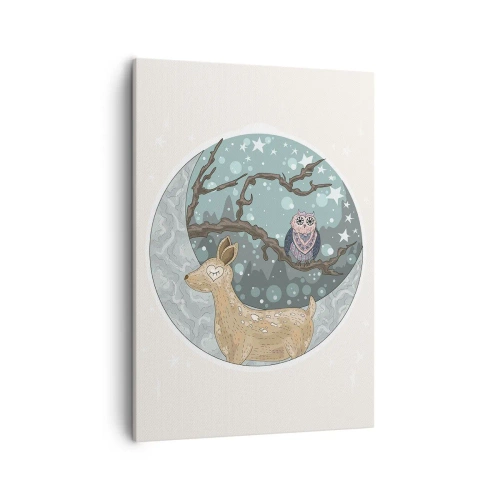 Cuadro sobre lienzo - Impresión de Imagen - Un ciervo y un búho en un paisaje nocturno de cuento de hadas. - 50x70cm - Noche de bosque de cuento de hadas - Decoración de pared moderna para salón y dormitorio ARTTOR