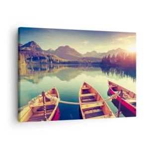 Cuadro sobre lienzo - Impresión de Imagen - Barcos en un lago tranquilo rodeado de montañas al atardecer - 70x50cm - Para vivir según sus leyes - Decoración de pared moderna para salón y dormitorio ARTTOR