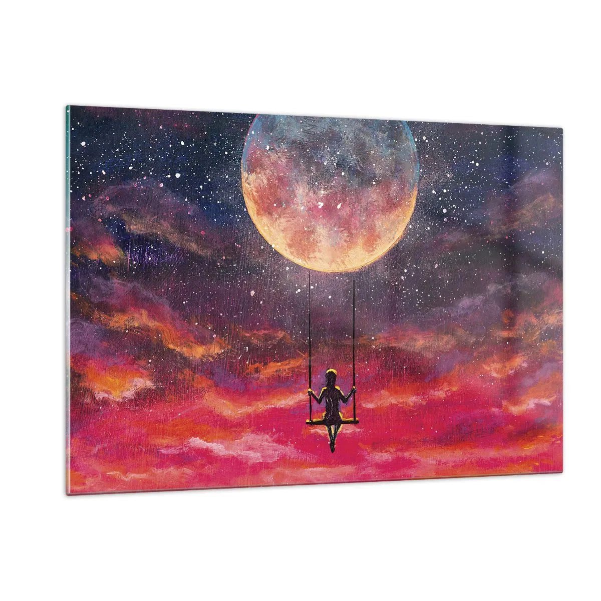 Cuadro sobre vidrio - Impresiones sobre Vidrio - Una niña en un columpio suspendido bajo la luna. - 120x80cm - Disfrutar de las nubes - Decoración de pared moderna para salón y dormitorio ARTTOR