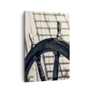 Cuadro sobre lienzo - Impresión de Imagen - Un timón de vela de estilo retro con un barco al fondo. - 50x70cm - Un cuento marino - Decoración de pared moderna para salón y dormitorio ARTTOR