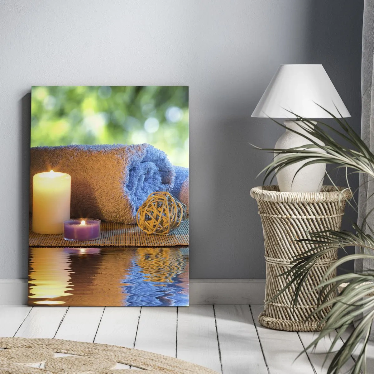 Cuadro sobre lienzo - Impresión de Imagen - Set de SPA relajante con toallas, velas y piedras - 70x100cm - Tiempo para el cuerpo - Decoración de pared moderna para salón y dormitorio ARTTOR