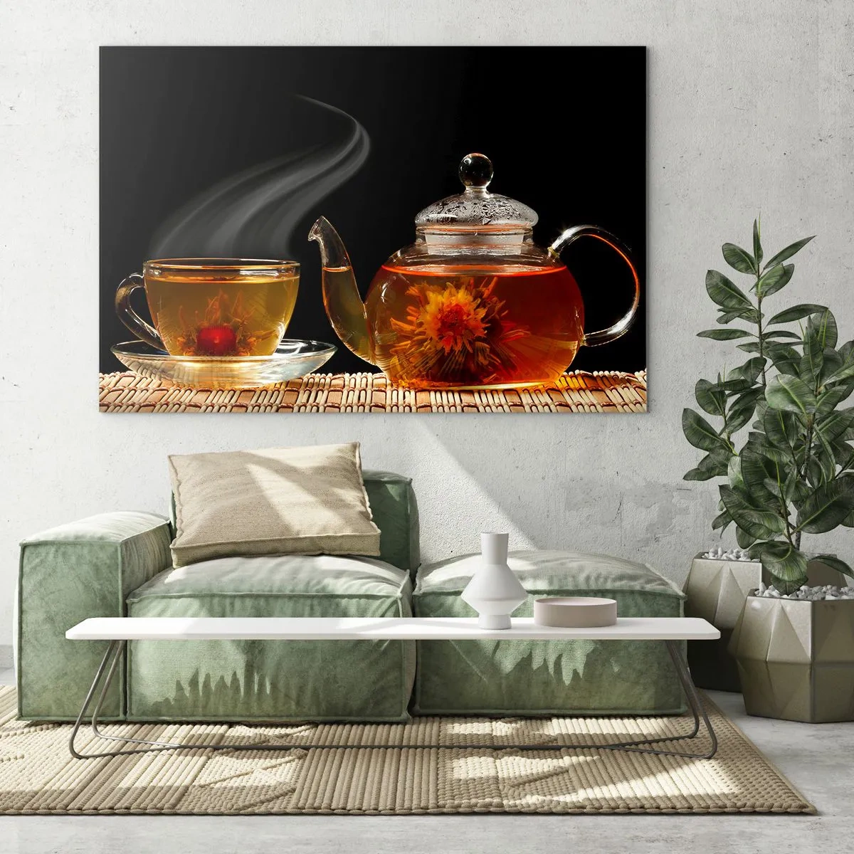Cuadro sobre vidrio - Impresiones sobre Vidrio - Una jarra de cristal y una taza de té con una flor sobre un fondo negro. - 120x80cm - Magia y el arte del té - Decoración de pared moderna para salón y dormitorio ARTTOR