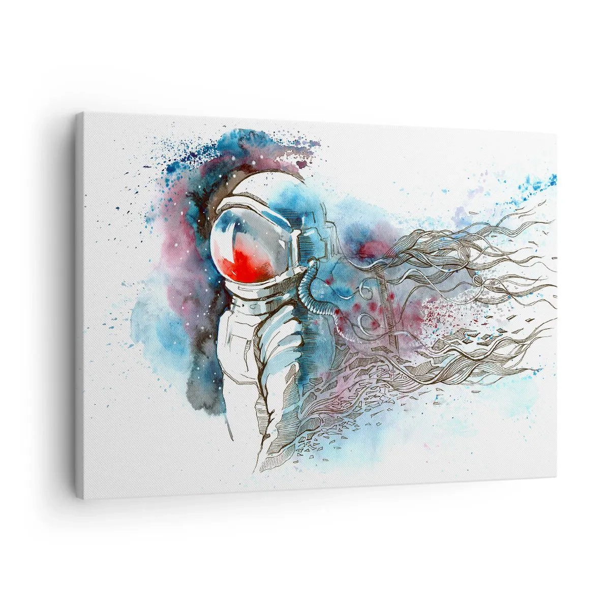 Cuadro sobre lienzo - Impresión de Imagen - Un cosmonauta en una acuarela dinámica con detalles cósmicos. - 70x50cm - A solas con el cosmos - Decoración de pared moderna para salón y dormitorio ARTTOR