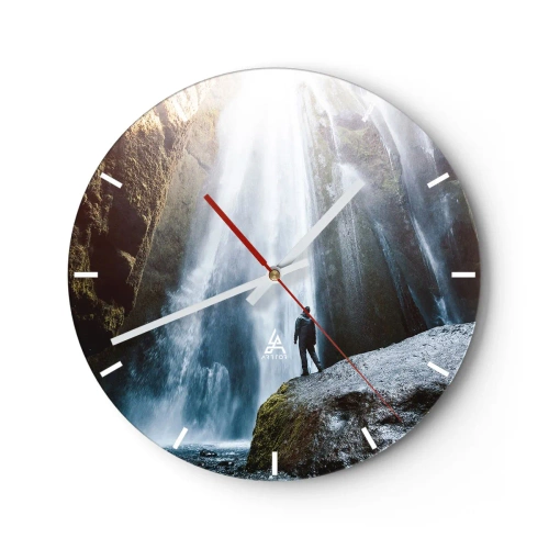 Reloj de pared - Reloj de vidrio - Una figura parada al pie de una cascada bajo la luz del sol. - 30x30cm - Impresionante vista - Decoración de pared moderna para salón, cocina y dormitorio ARTTOR