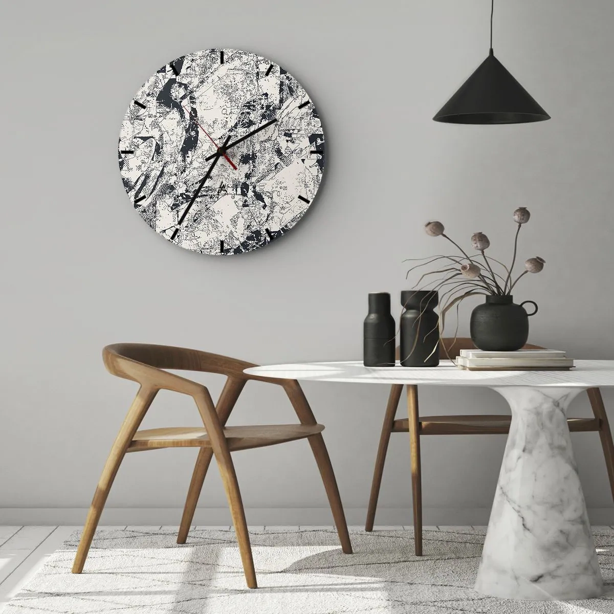 Reloj de pared - Reloj de vidrio - Composición abstracta en tonos negros y grises. - 30x30cm - La interpenetración de los opuestos - Decoración de pared moderna para salón, cocina y dormitorio ARTTOR