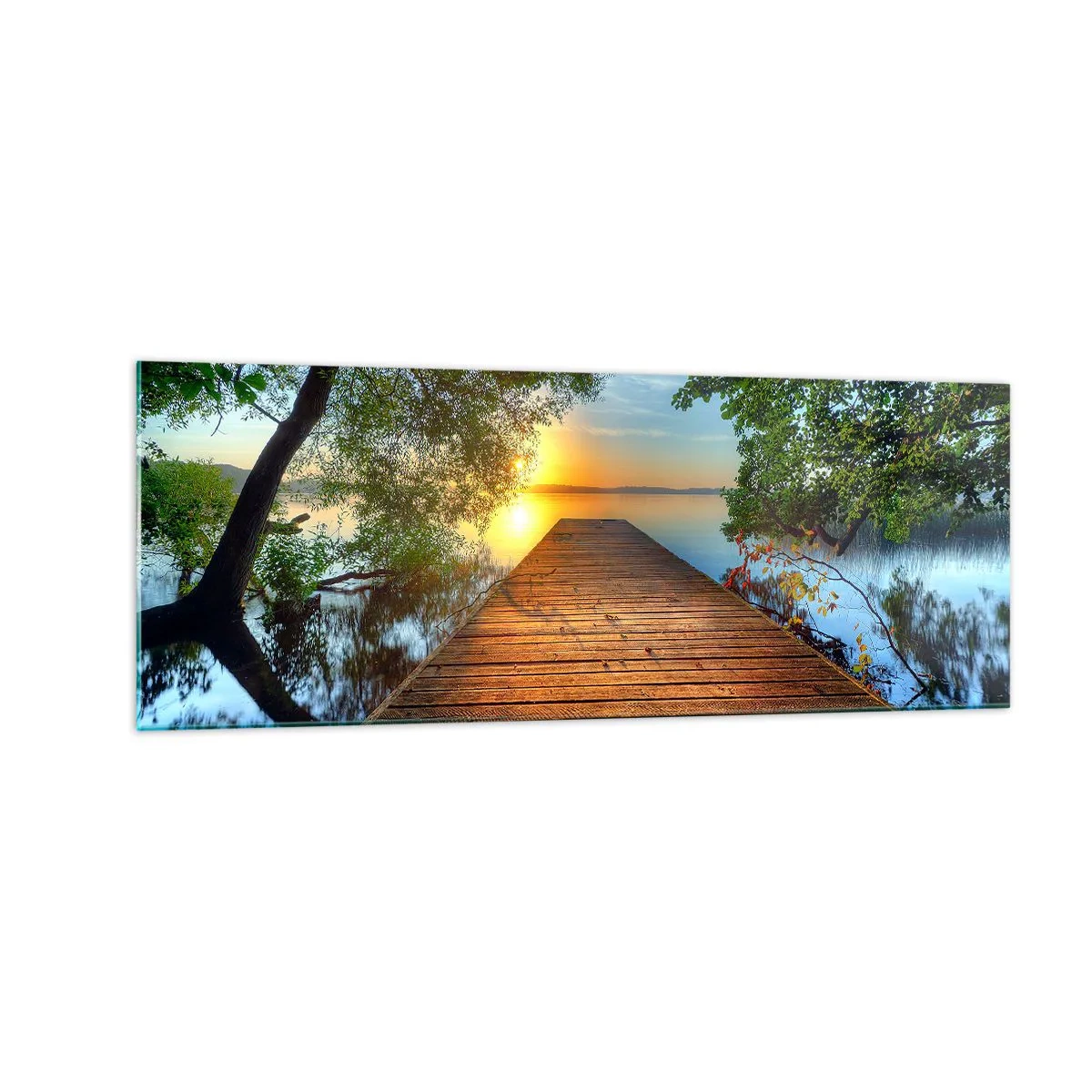 Cuadro sobre vidrio - Impresiones sobre Vidrio - Un muelle de madera rodeado de vegetación durante la puesta de sol. - 140x50cm - Tómate tu tiempo, siéntate - Decoración de pared moderna para salón y dormitorio ARTTOR