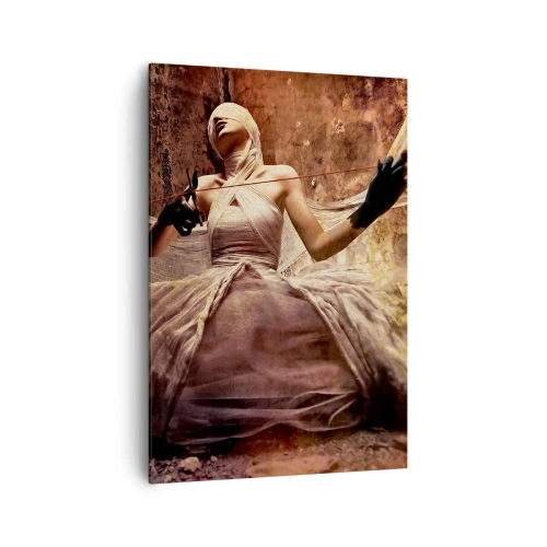 Cuadro sobre lienzo - Impresión de Imagen - Una mujer con un vestido, la cara cubierta y unas tijeras en las manos. - 70x100cm - Diosa del destino - Decoración de pared moderna para salón y dormitorio ARTTOR