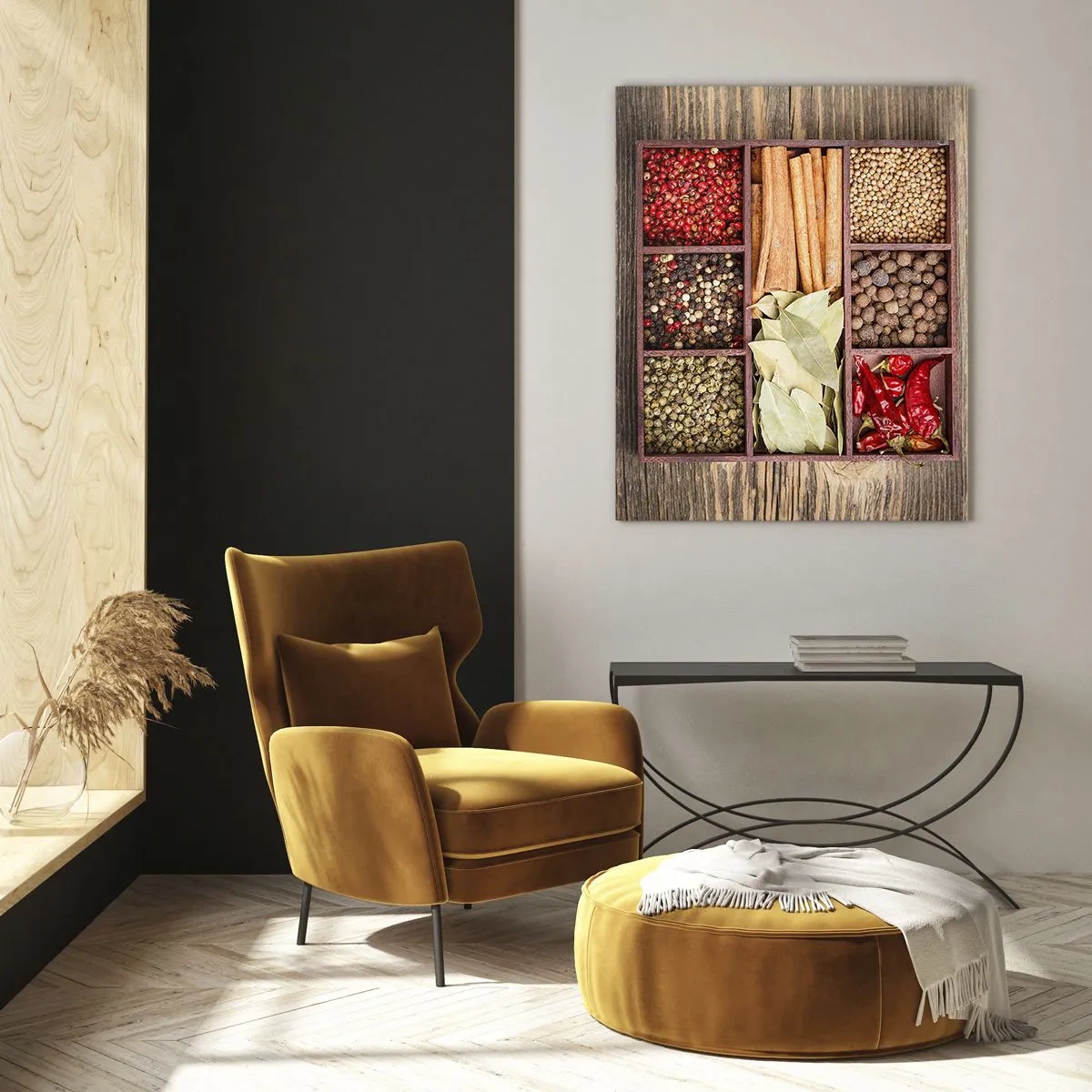Cuadro sobre vidrio - Impresiones sobre Vidrio - Caja de madera con varias especias en compartimentos. - 70x100cm - Orden de formas, composición de aromas - Decoración de pared moderna para salón y dormitorio ARTTOR