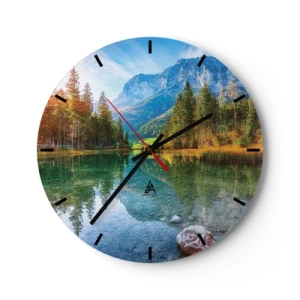 Reloj de pared - Reloj de vidrio - Paisaje de montaña con lago y bosque. - 30x30cm - La dulzura del otoño - Decoración de pared moderna para salón, cocina y dormitorio ARTTOR