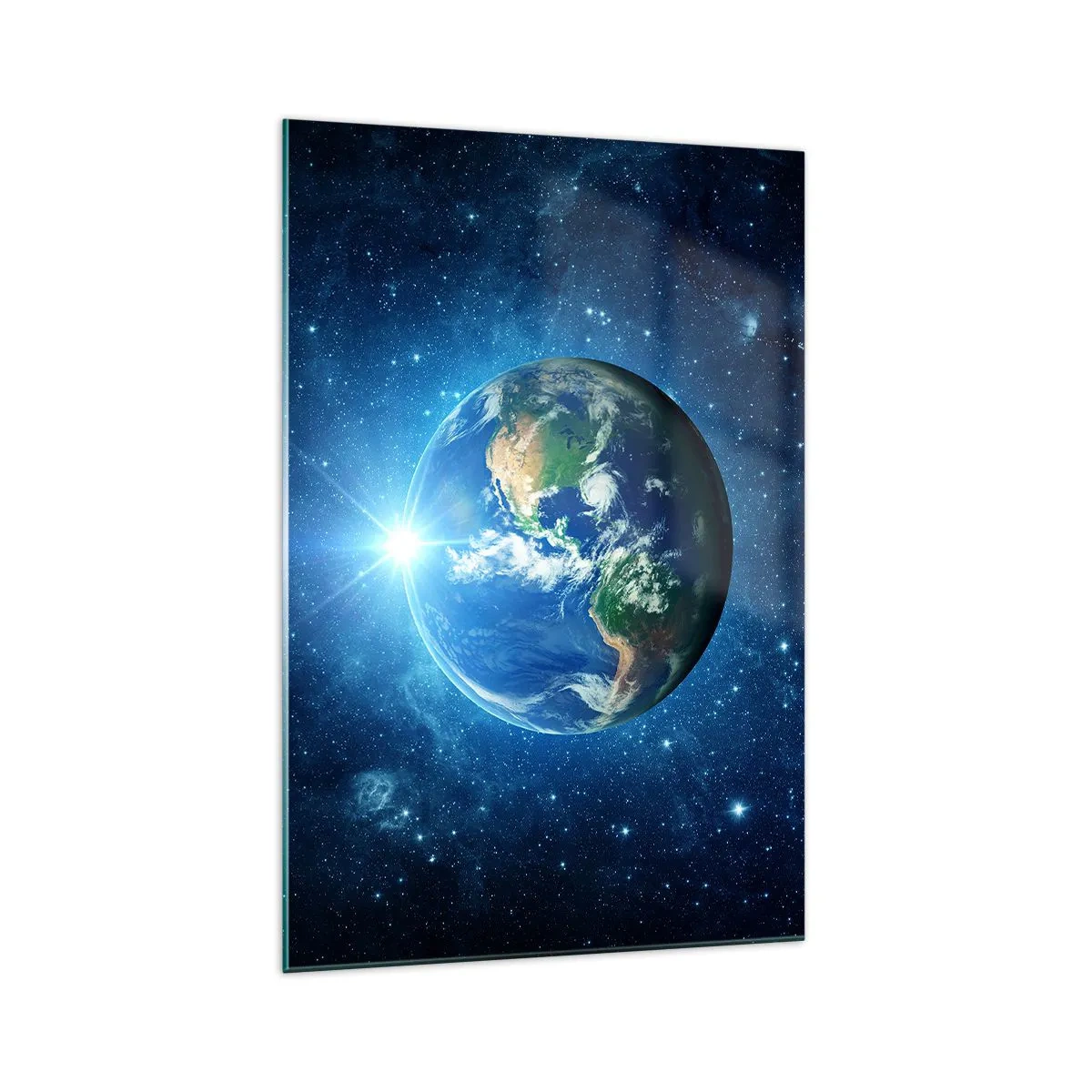 Cuadro sobre vidrio - Impresiones sobre Vidrio - La Tierra en el espacio rodeada de estrellas y luz. - 70x100cm - Estamos en el cielo - Decoración de pared moderna para salón y dormitorio ARTTOR