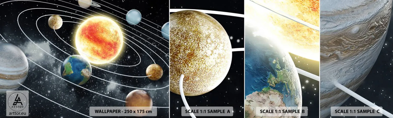 Muestra de fotomural autoadhesivo Deluxe Sticker - Danza cósmica - Cosmos, Galaxia, Sistema solar - 100x30 cm