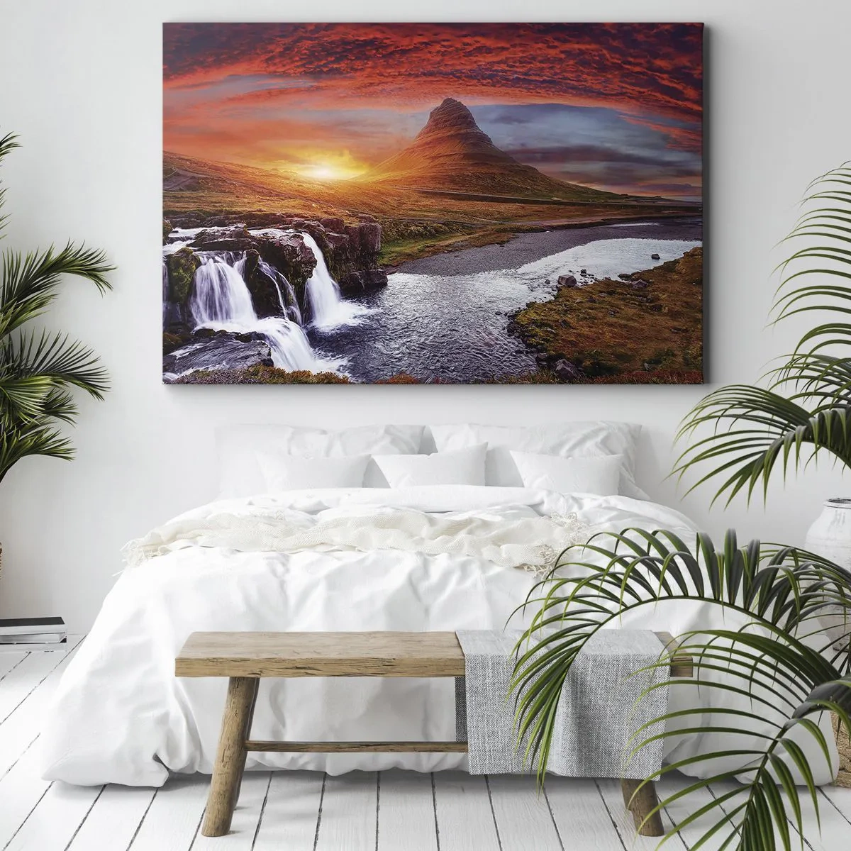 Cuadro sobre lienzo - Impresión de Imagen - Paisaje de montaña con cascada al atardecer. - 70x50cm - Una vista de la Tierra Media - Decoración de pared moderna para salón y dormitorio ARTTOR