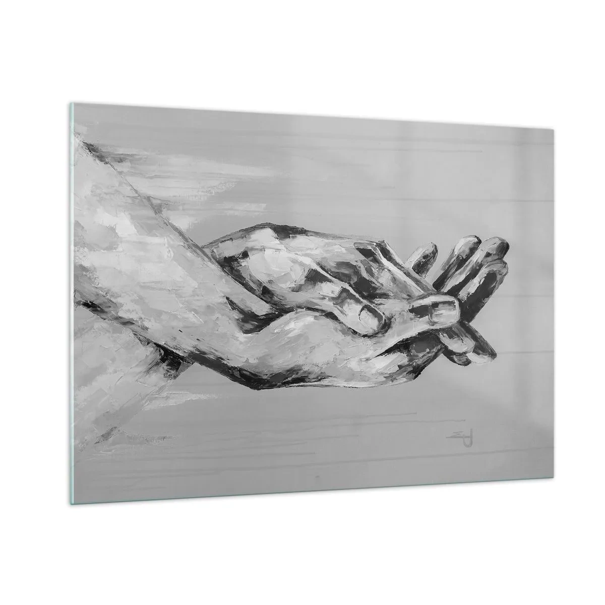 Cuadro sobre vidrio - Impresiones sobre Vidrio - Pintura en blanco y negro de dos manos que se extienden una hacia la otra. - 100x70cm - El comienzo... - Decoración de pared moderna para salón y dormitorio ARTTOR