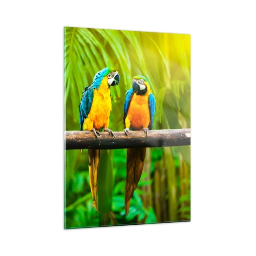 Cuadro sobre vidrio - Impresiones sobre Vidrio - Tres loros guacamayos en una rama en un bosque tropical - 50x70cm - ¿Y has oído que ella...? - Decoración de pared moderna para salón y dormitorio ARTTOR