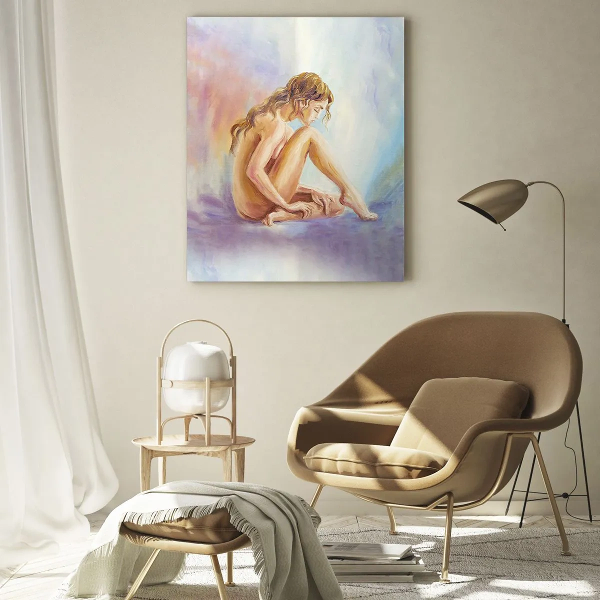 Cuadro sobre vidrio - Impresiones sobre Vidrio - Una delicada figura de una mujer sobre un fondo pastel. - 80x120cm - Acto de juventud - Decoración de pared moderna para salón y dormitorio ARTTOR