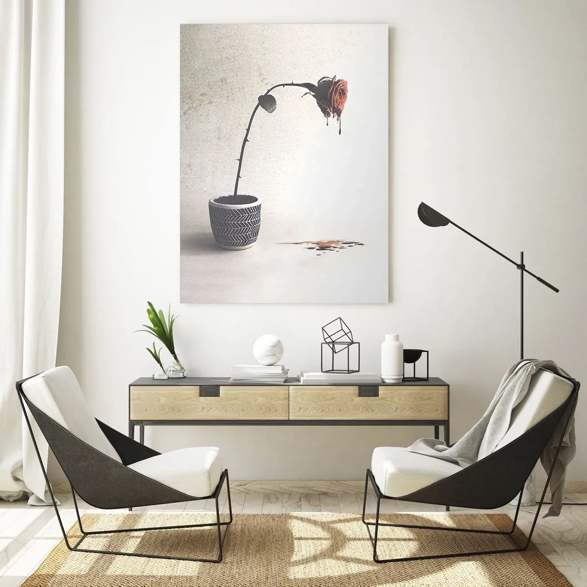 Cuadro sobre vidrio - Impresiones sobre Vidrio - Una rosa roja en una maceta con gotas de tinte sobre un fondo blanco. - 80x120cm - Rosa dolorosa - Decoración de pared moderna para salón y dormitorio ARTTOR