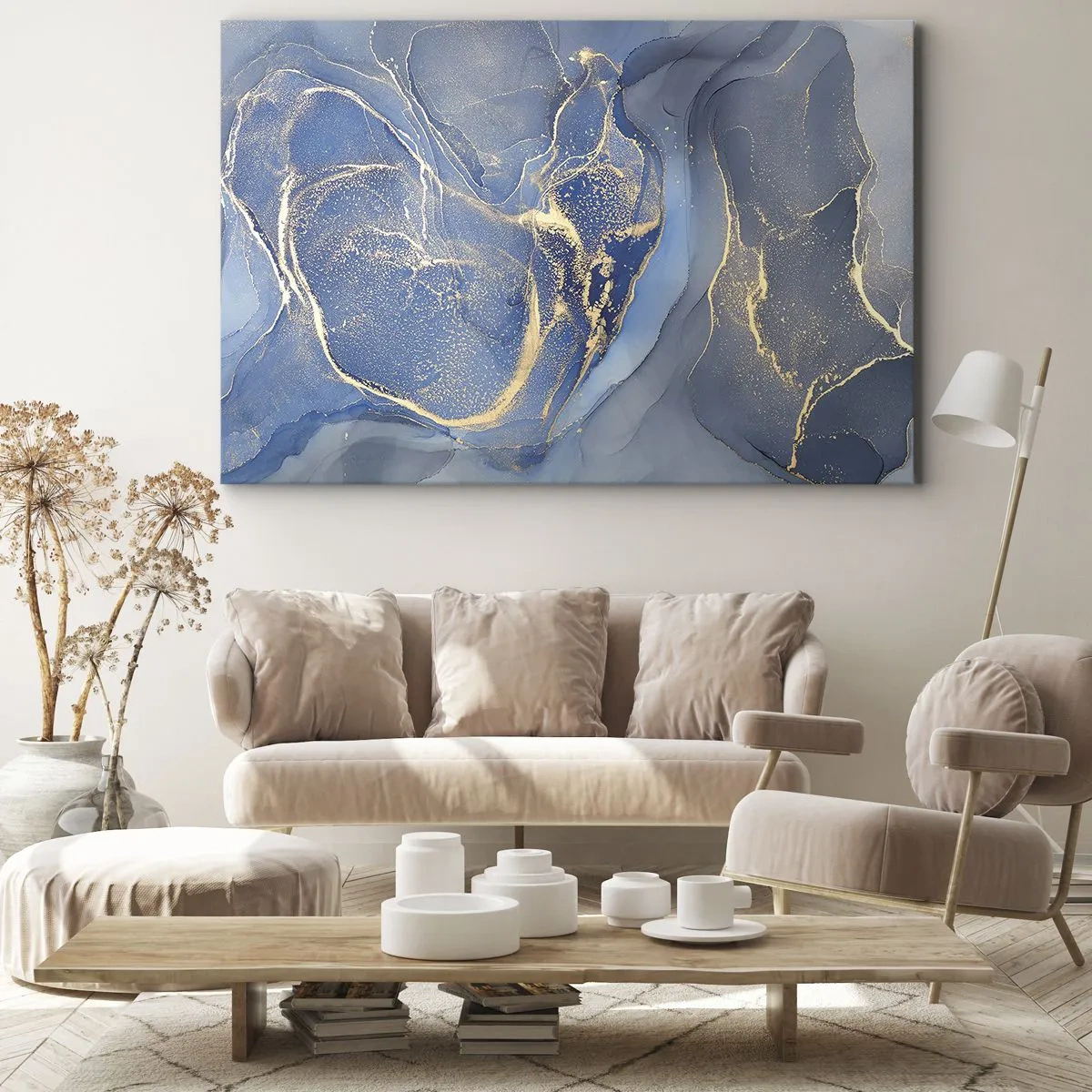 Cuadro sobre lienzo - Impresión de Imagen - Patrones abstractos azules con acentos dorados - 70x50cm - Polvo de oro - Decoración de pared moderna para salón y dormitorio ARTTOR